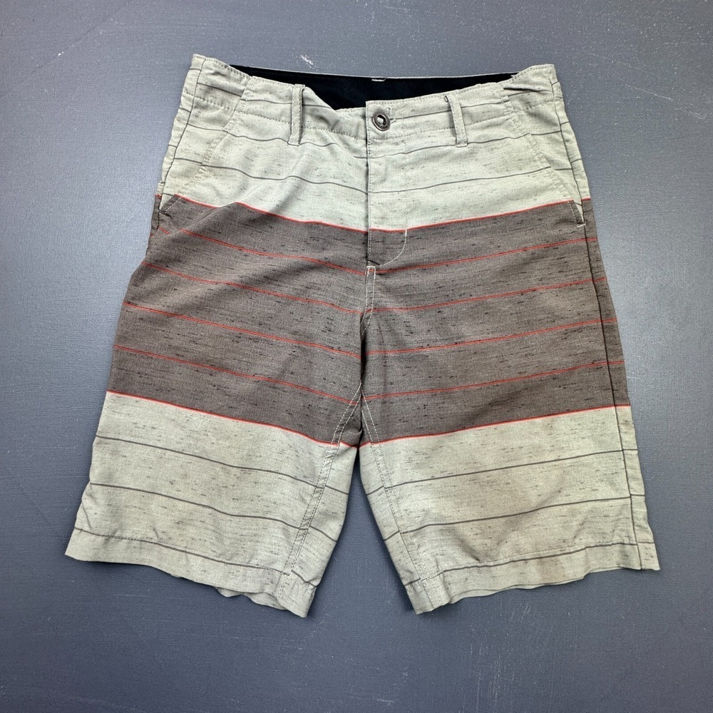 Volcom Men's Size 29 Gray Red Striped Board Shorts 4-Way Stretch Surf Swim Beach